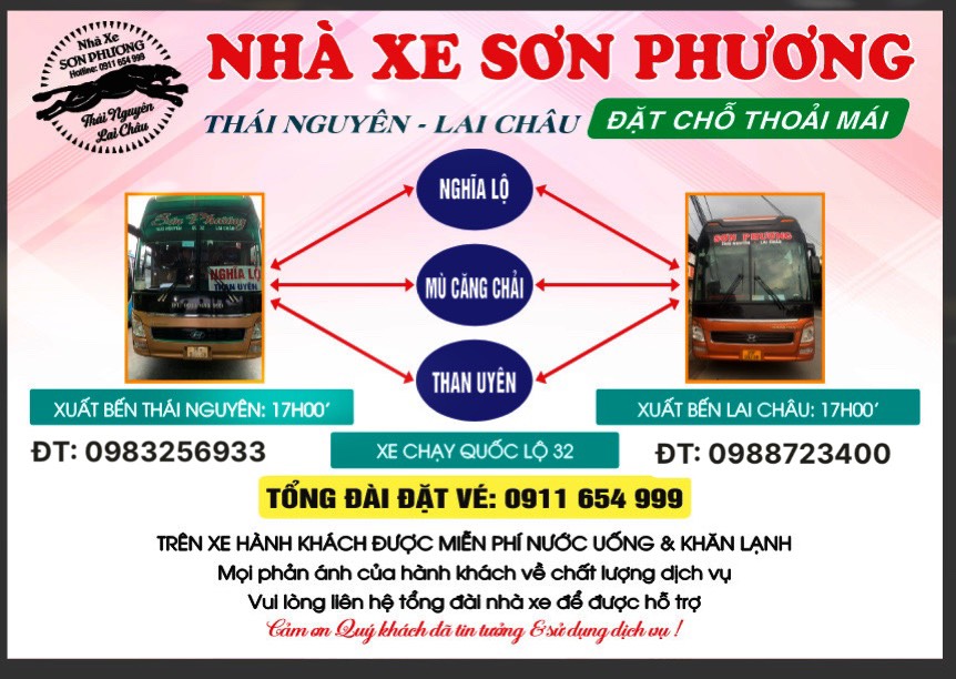 Tìm xe khách giường nằm từ Lai Châu đi Thành phố Việt Trì sớm nhất. Nhà xe Sơn Phương